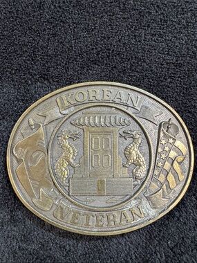 Vintage Korean Veteran Commemorative Belt Buckle - Antique Gold Finish